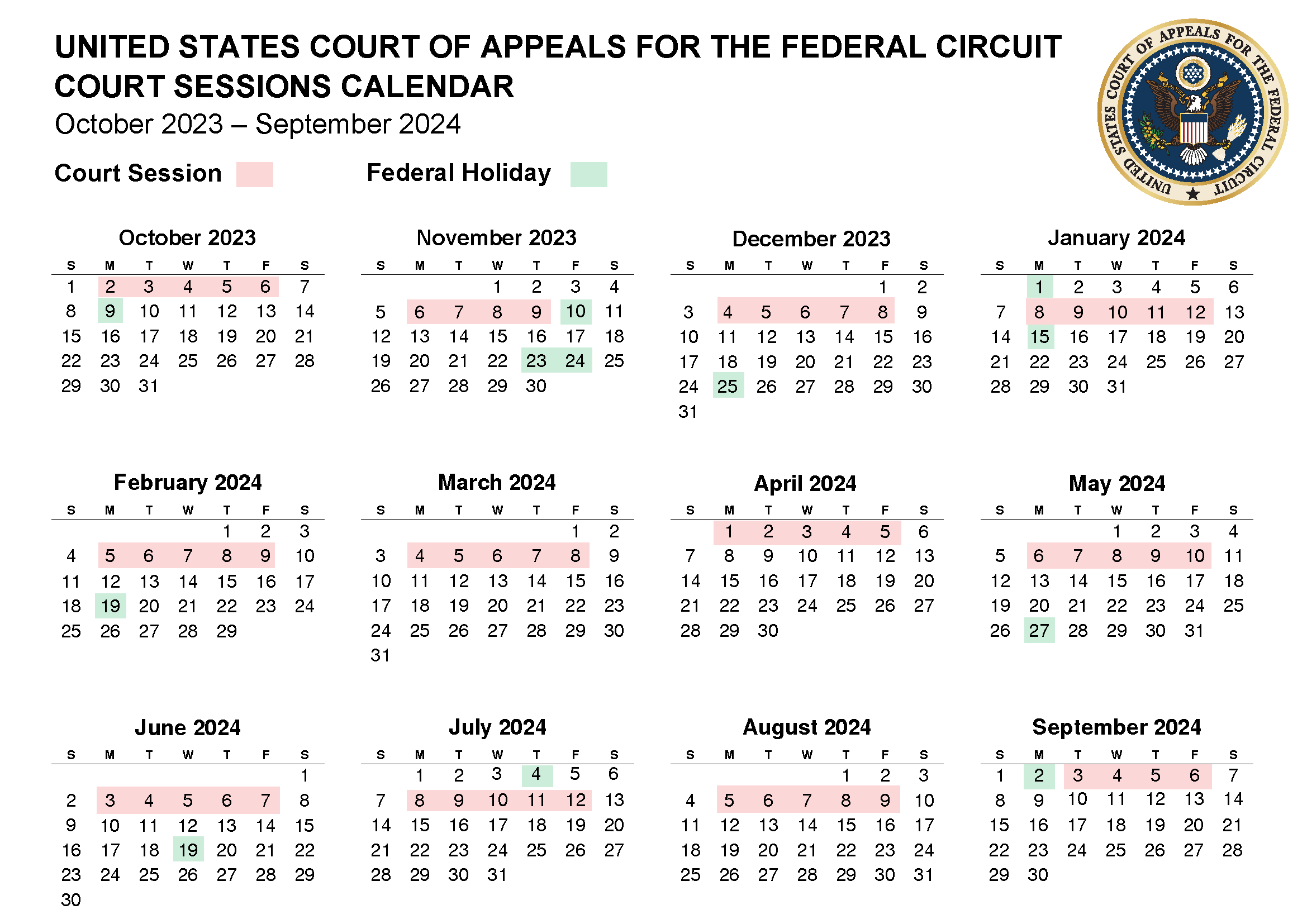 Court Sessions Calendars U.S. Court of Appeals for the Federal Circuit